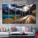 Road Path Way Mountain Nature Water 5 Pieces B Canvas Prints Wall Art - Painting Canvas, Multi Panel, Wall Decor, Canvas Art