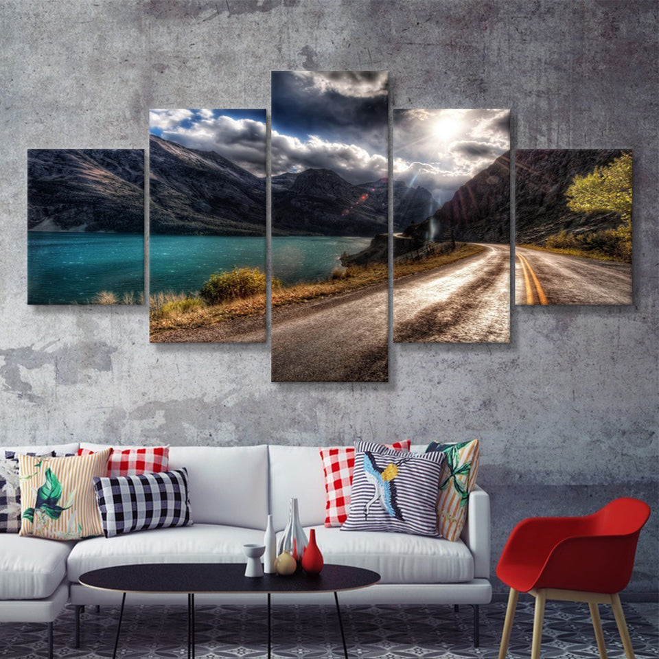 Road Path Way Mountain Nature Water 5 Pieces Canvas Prints Wall Art - Painting Canvas, Multi Panel, Wall Decor, Canvas Art