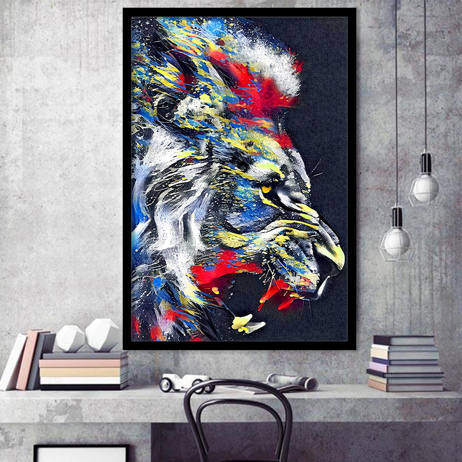 Roaring Lion Graffiti Art Style Framed Art Print Wall Decor Painting UnixCanvas