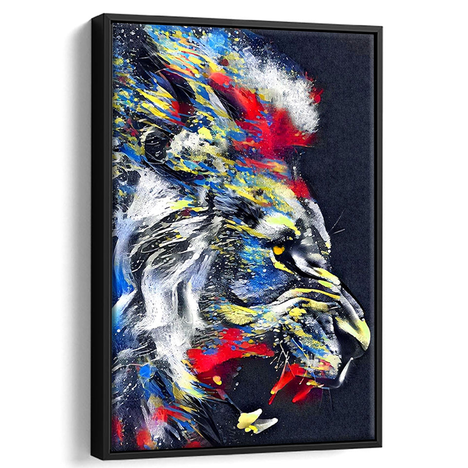 Roaring Lion Graffiti Art Style Framed Canvas Prints Wall Art Decor - Painting Canvas, Floating Frame, Framed Picture