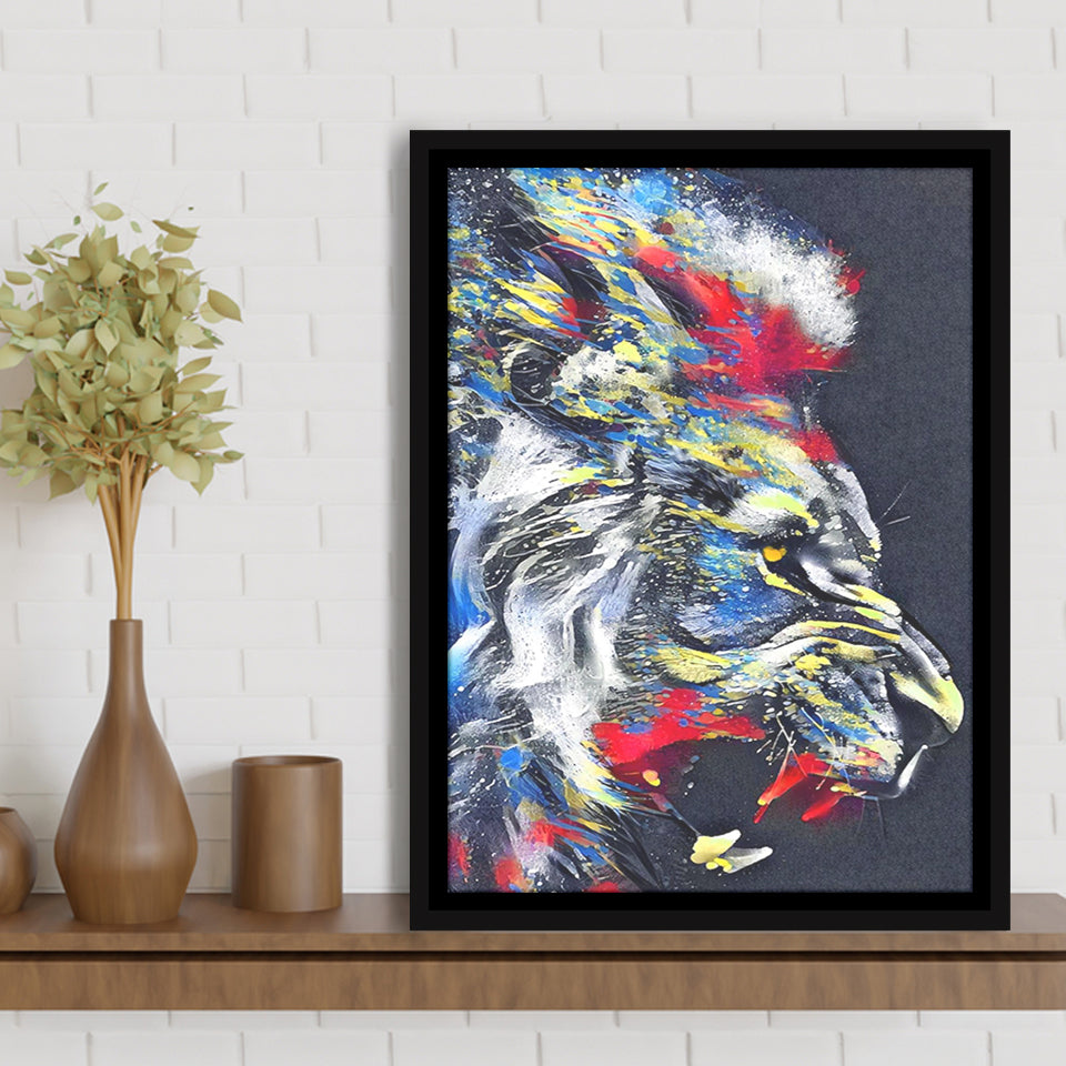 Roaring Lion Graffiti Art Style Framed Canvas Prints Wall Art Decor - Painting Canvas, Floating Frame, Framed Picture