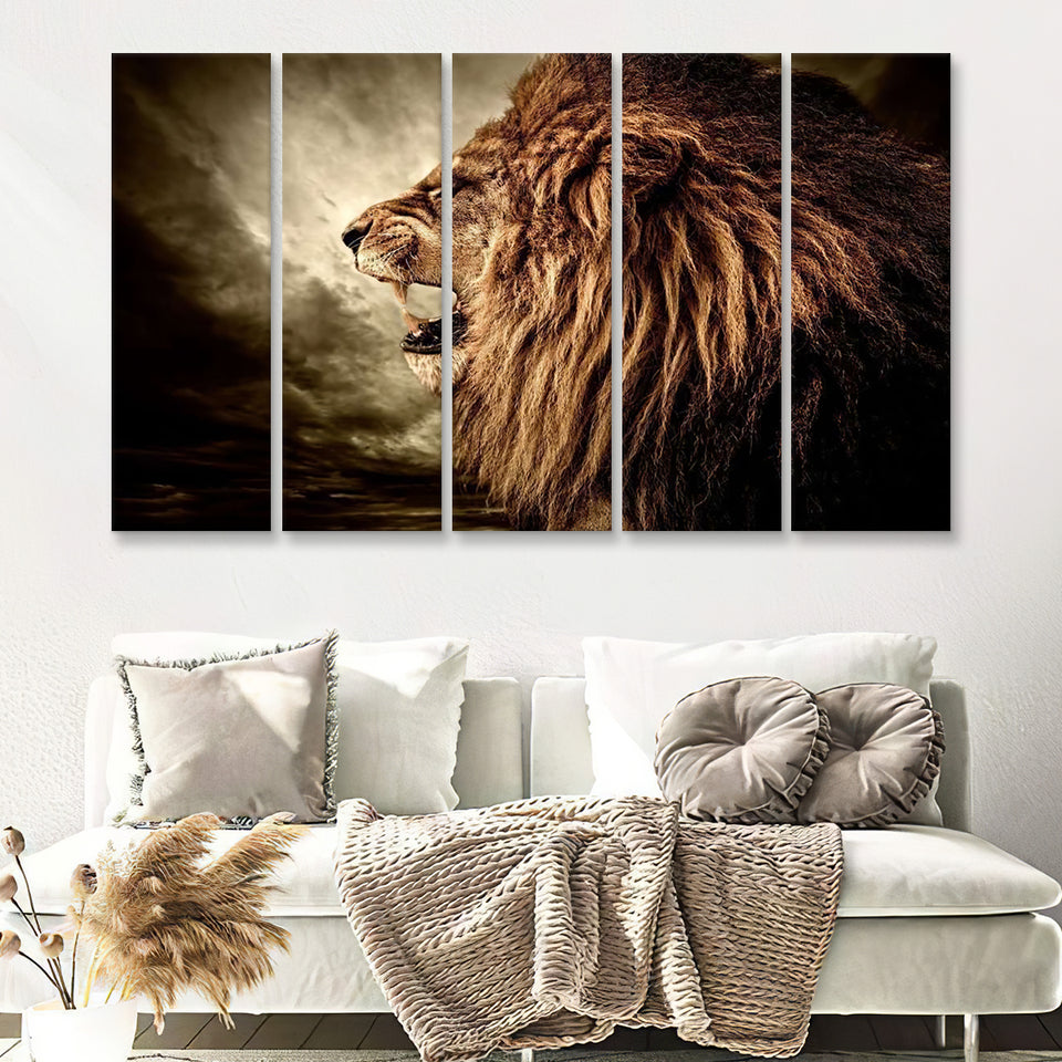 Roaring Lion Against Stormy Sky 5 Pieces Canvas Prints Wall Art - Painting Canvas, Multi Panels, Wall Decor