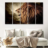 Roaring Lion Against Stormy Sky 5 Pieces Canvas Prints Wall Art - Painting Canvas, Multi Panels, Wall Decor
