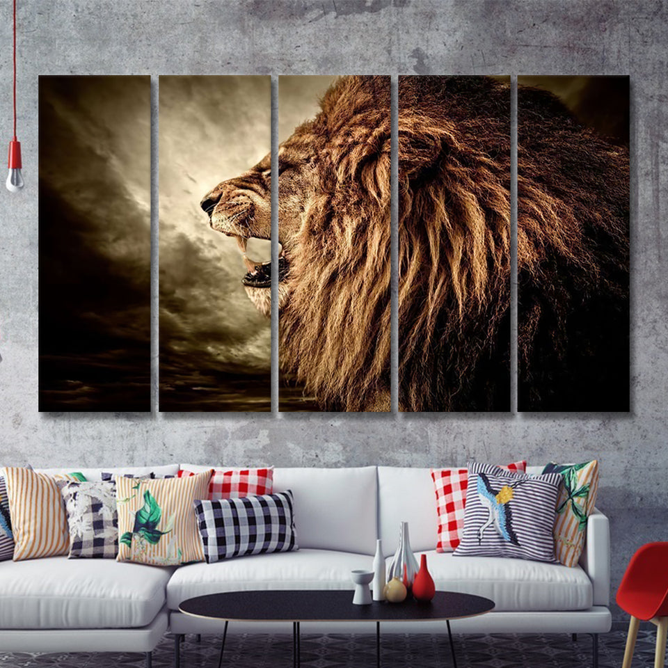 Roaring Lion Against Stormy Sky 5 Pieces Canvas Prints Wall Art - Painting Canvas, Multi Panels, Wall Decor