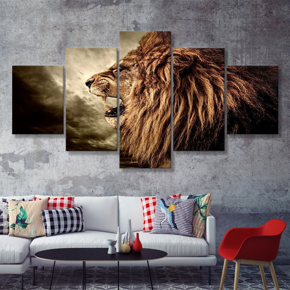 Roaring Lion Against Stormy Sky 5 Pieces Canvas Prints Wall Art - Painting Canvas, Multi Panels, Wall Decor