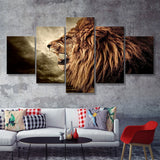 Roaring Lion Against Stormy Sky 5 Pieces Canvas Prints Wall Art - Painting Canvas, Multi Panels, Wall Decor
