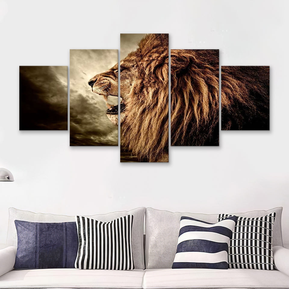 Roaring Lion Against Stormy Sky 5 Pieces Canvas Prints Wall Art - Painting Canvas, Multi Panels, Wall Decor