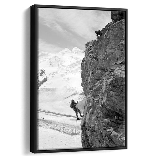Rock Climbing Black And White Print, Mountain Climbers Framed Canvas Prints Wall Art Home Decor, Floating Frame