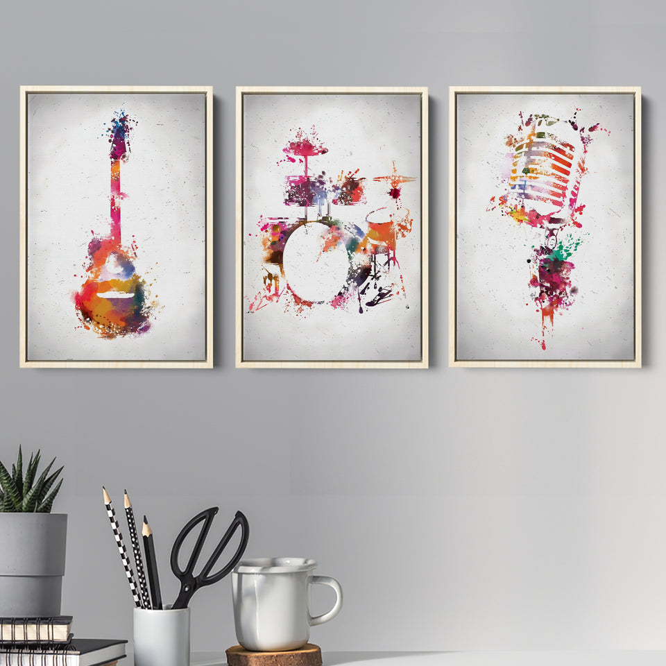 Rock & Roll Color Set of 3 Piece Framed Canvas Prints Wall Art Decor