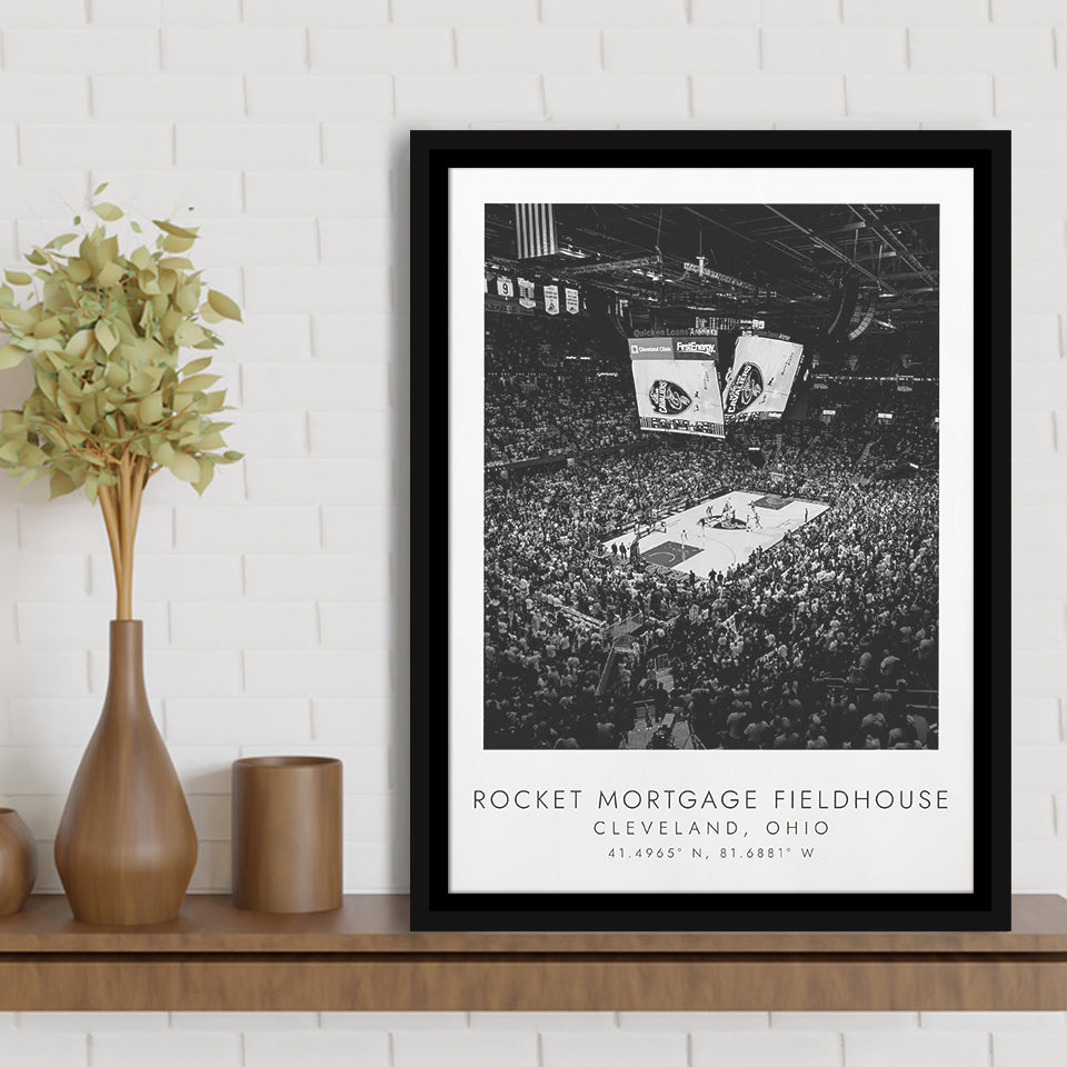 Rocket Mortgage Fieldhouse Cleveland Cavaliers Black And White Art Framed Canvas Prints Wall Art Home Decor, Floating Frame