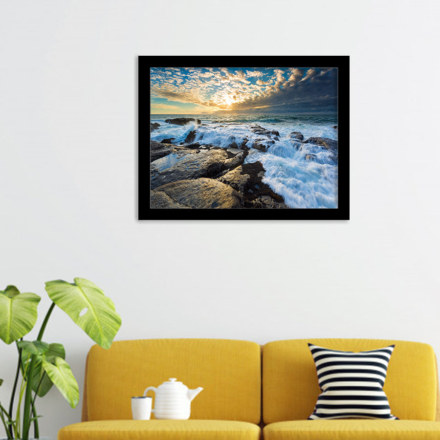 Rocks Sea Waves Sunset Framed Art Prints - Framed Prints, Prints For Sale, Painting Prints,Wall Art Decor
