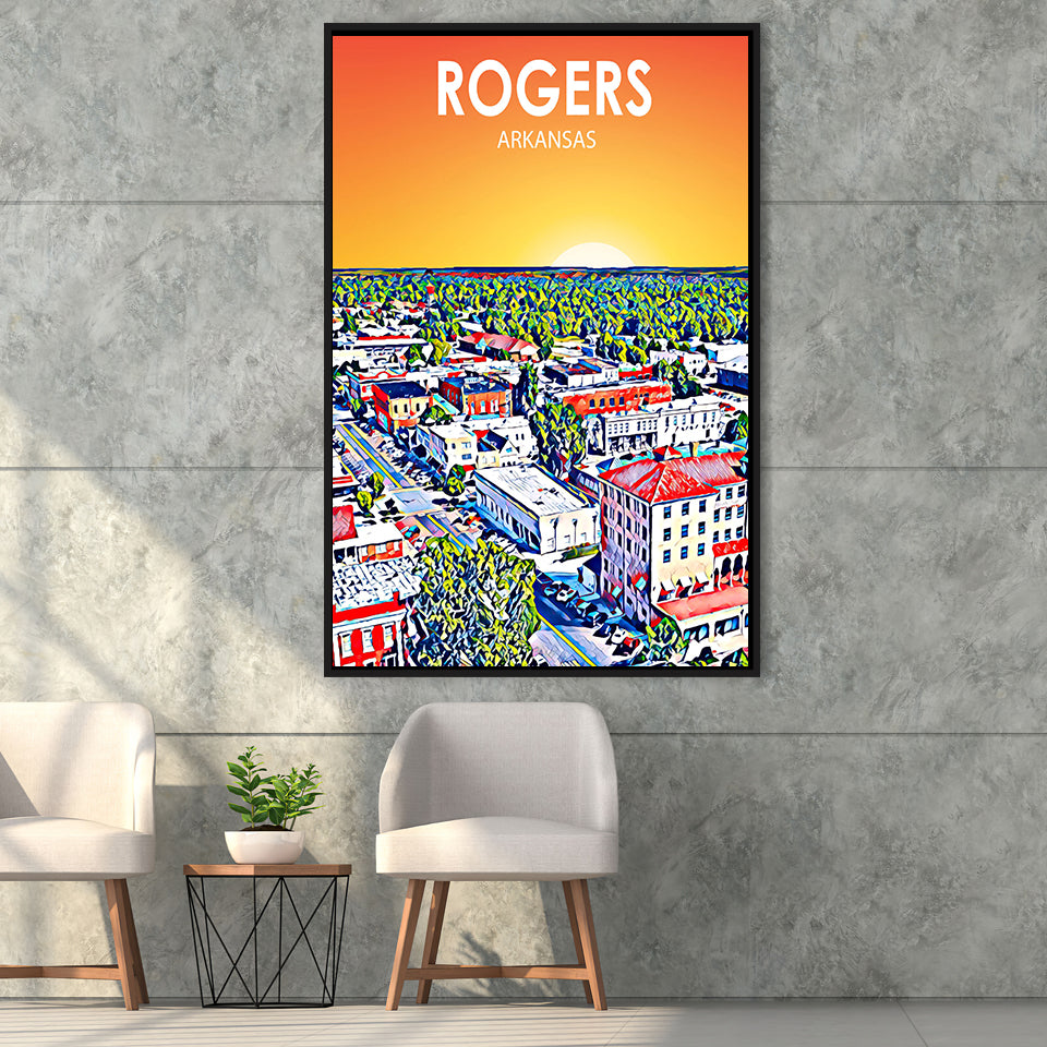Rogers Arkansas Art Sunset Landscape, Large Canvas, Framed Canvas Print Wall Art Home Decor, Floating Frame