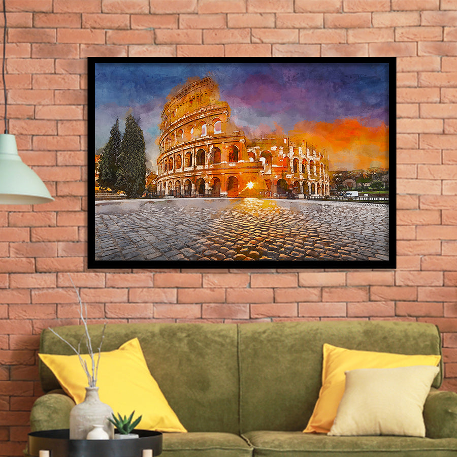 Rome Italy Colosseum Amphitheater Sunrise Through City Art Watercolor Framed Art Prints Wall Art Decor,Framed Picture