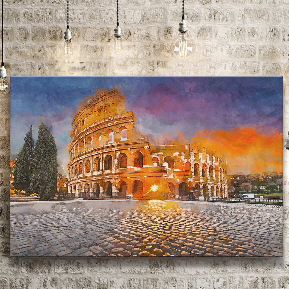 Rome Italy Colosseum Amphitheater Sunrise Through City Art Watercolor Canvas Prints Wall Art Home Decor, Large Canvas