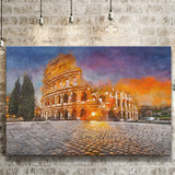 Rome Italy Colosseum Amphitheater Sunrise Through City Art Watercolor Canvas Prints Wall Art Home Decor, Large Canvas