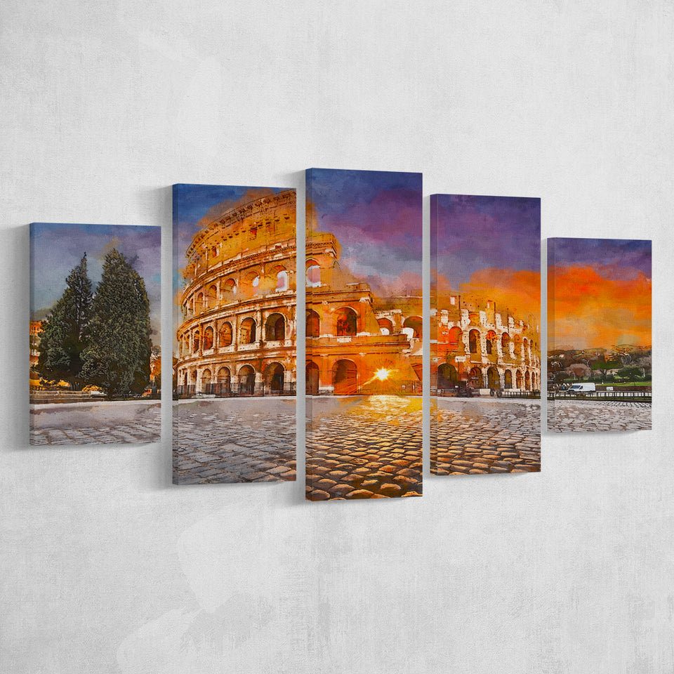 Rome Italy Colosseum Amphitheater Sunrise Through 5 Pieces Mixed Canvas Prints Wall Art Home Decor