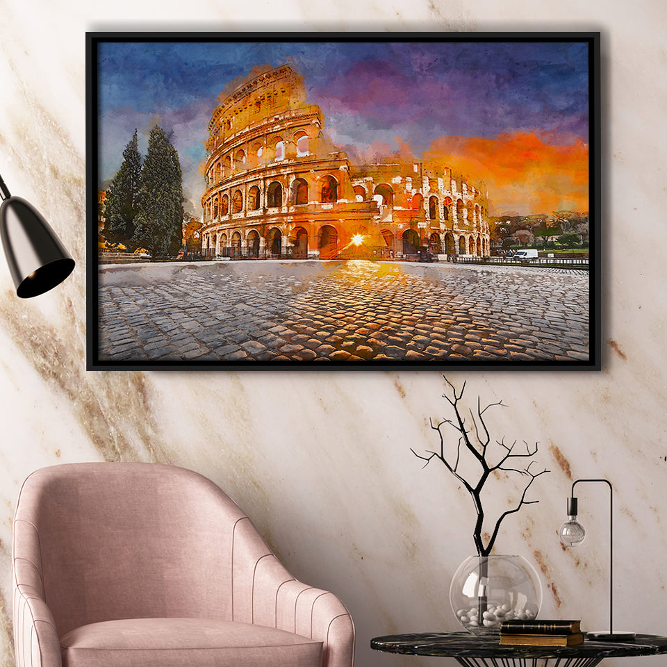 Rome Italy Colosseum Amphitheater Sunrise Through City Art Watercolor Framed Canvas Prints Wall Art Home Decor,Floating Frame