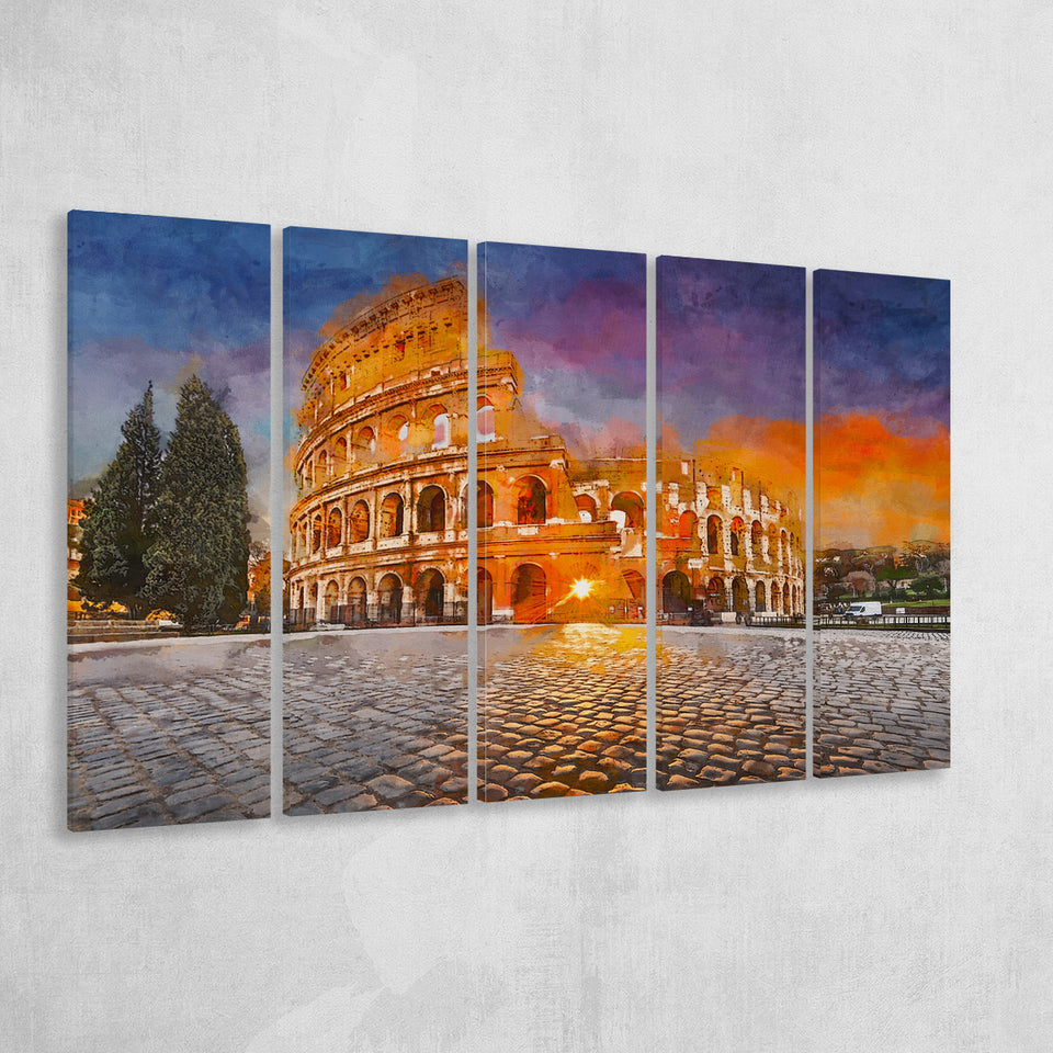 Rome Italy Colosseum Amphitheater Sunrise Through 5 Pieces Extra Large Canvas Prints Wall Art Home Decor