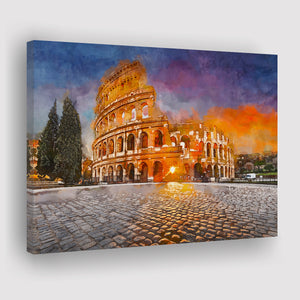 Rome Italy Colosseum Amphitheater Sunrise Through City Art Watercolor Canvas Prints Wall Art Home Decor, Large Canvas