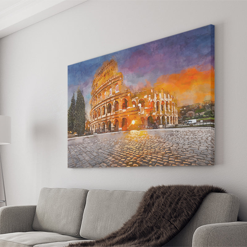 Rome Italy Colosseum Amphitheater Sunrise Through City Art Watercolor Canvas Prints Wall Art Home Decor, Large Canvas