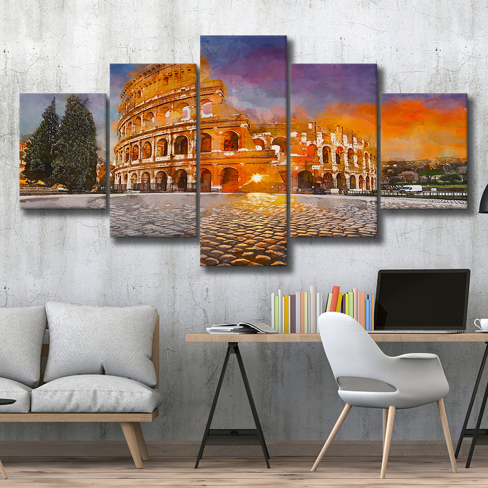 Rome Italy Colosseum Amphitheater Sunrise Through 5 Pieces Mixed Canvas Prints Wall Art Home Decor