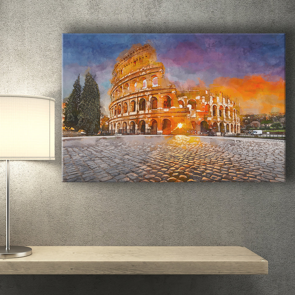Rome Italy Colosseum Amphitheater Sunrise Through City Art Watercolor Canvas Prints Wall Art Home Decor, Large Canvas