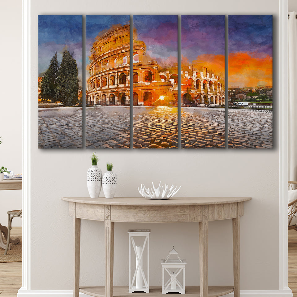 Rome Italy Colosseum Amphitheater Sunrise Through 5 Pieces Extra Large Canvas Prints Wall Art Home Decor