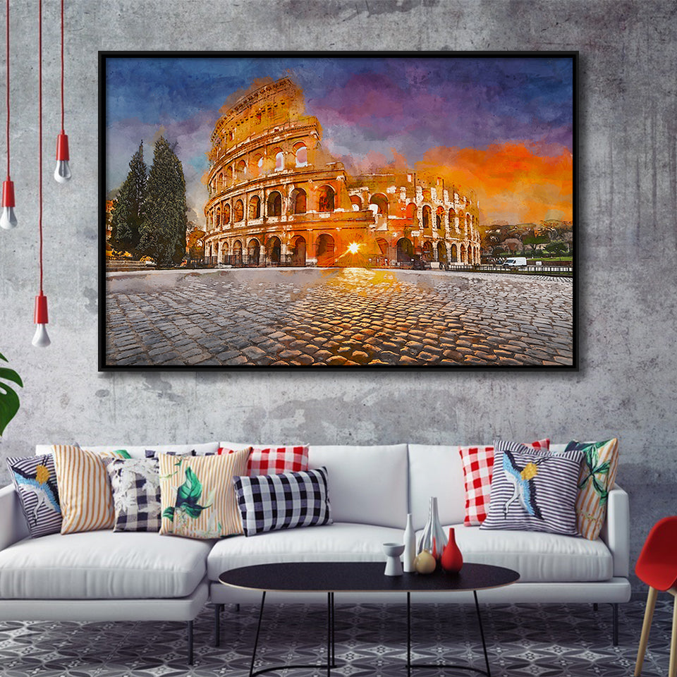 Rome Italy Colosseum Amphitheater Sunrise Through City Art Watercolor Framed Canvas Prints Wall Art Home Decor,Floating Frame
