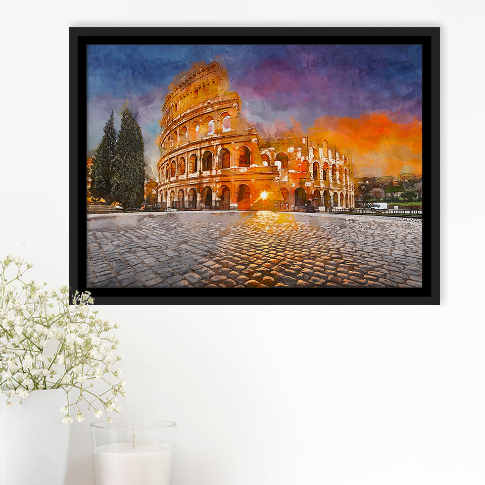 Rome Italy Colosseum Amphitheater Sunrise Through City Art Watercolor Framed Canvas Prints Wall Art Home Decor,Floating Frame