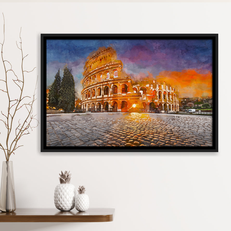 Rome Italy Colosseum Amphitheater Sunrise Through City Art Watercolor Framed Canvas Prints Wall Art Home Decor,Floating Frame