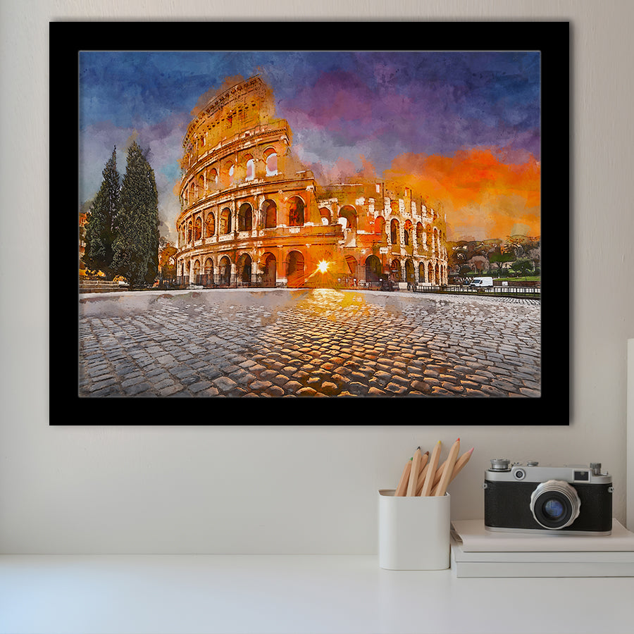 Rome Italy Colosseum Amphitheater Sunrise Through City Art Watercolor Framed Art Prints Wall Art Decor,Framed Picture