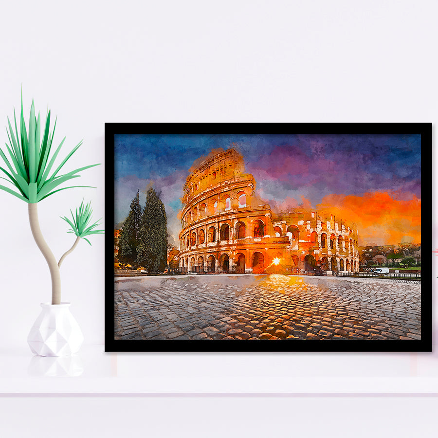 Rome Italy Colosseum Amphitheater Sunrise Through City Art Watercolor Framed Art Prints Wall Art Decor,Framed Picture