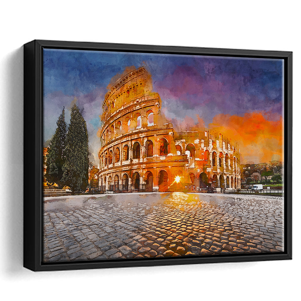Rome Italy Colosseum Amphitheater Sunrise Through City Art Watercolor Framed Canvas Prints Wall Art Home Decor,Floating Frame