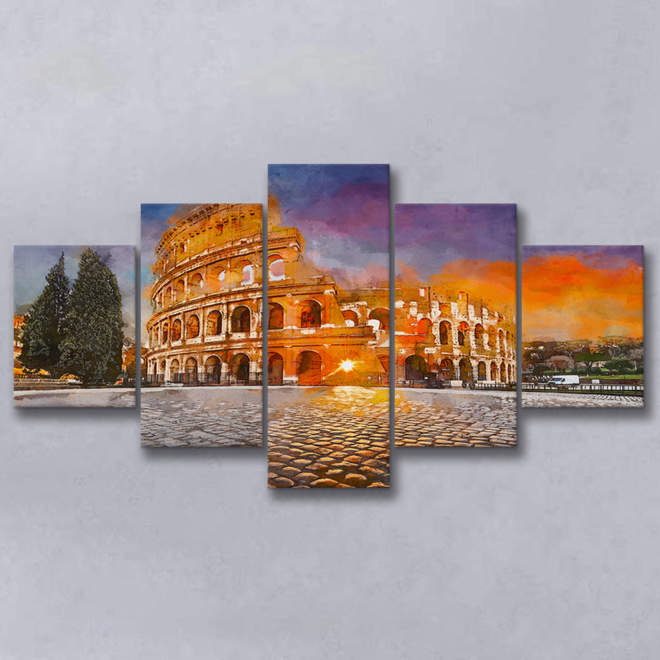 Rome Italy Colosseum Amphitheater Sunrise Through 5 Pieces Mixed Canvas Prints Wall Art Home Decor