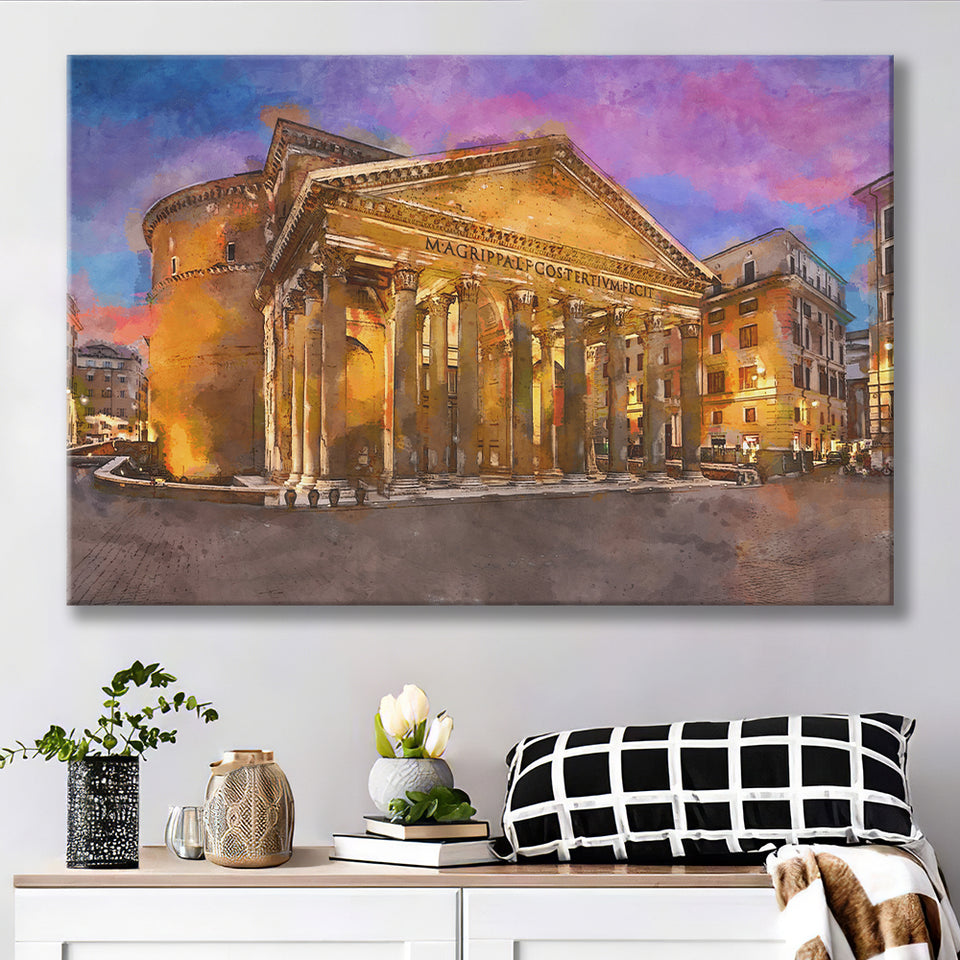 Rome Italy Pantheon Ancient Roman Temple City Art Watercolor Canvas Prints Wall Art Home Decor, Large Canvas