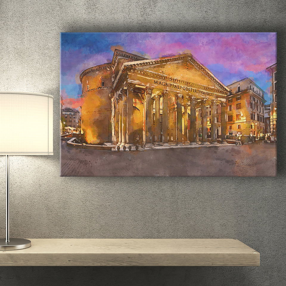 Rome Italy Pantheon Ancient Roman Temple City Art Watercolor Canvas Prints Wall Art Home Decor, Large Canvas