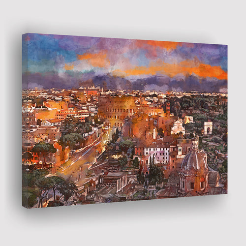 Rome Italy View Towards Colosseum Archeological City Art Watercolor Canvas Prints Wall Art Home Decor, Large Canvas