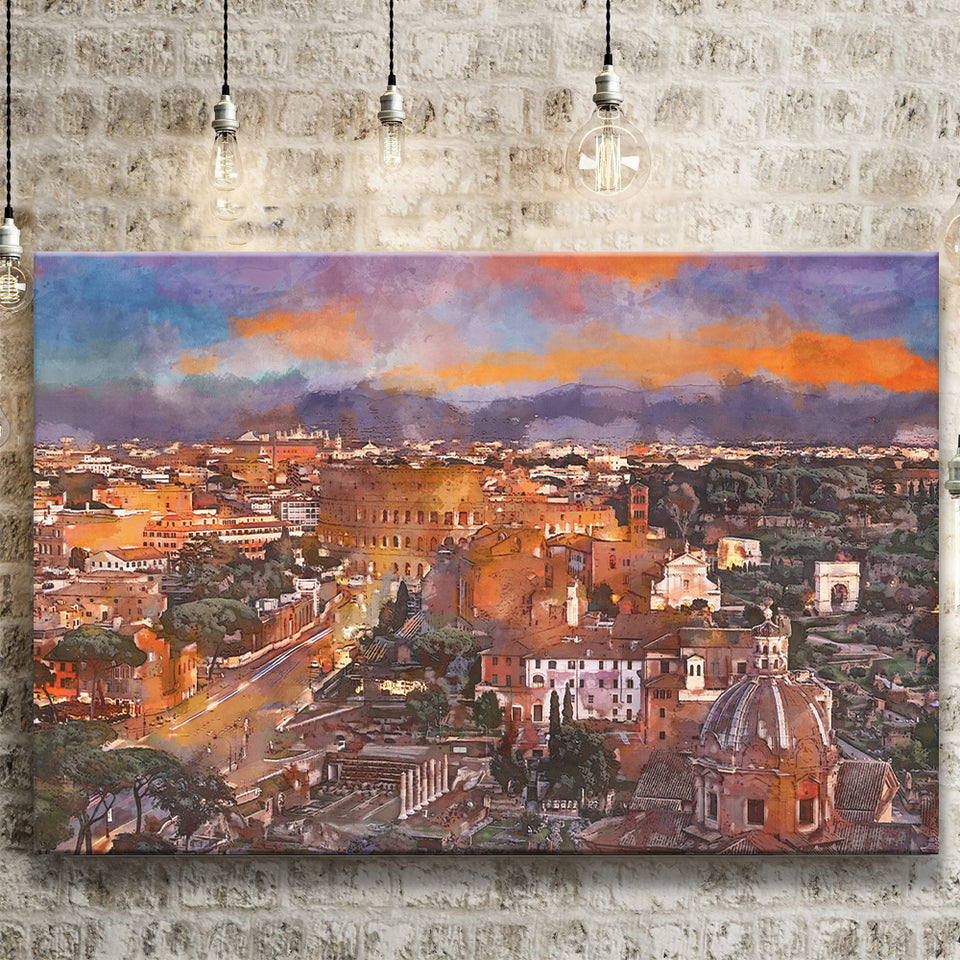 Rome Italy View Towards Colosseum Archeological City Art Watercolor Canvas Prints Wall Art Home Decor, Large Canvas