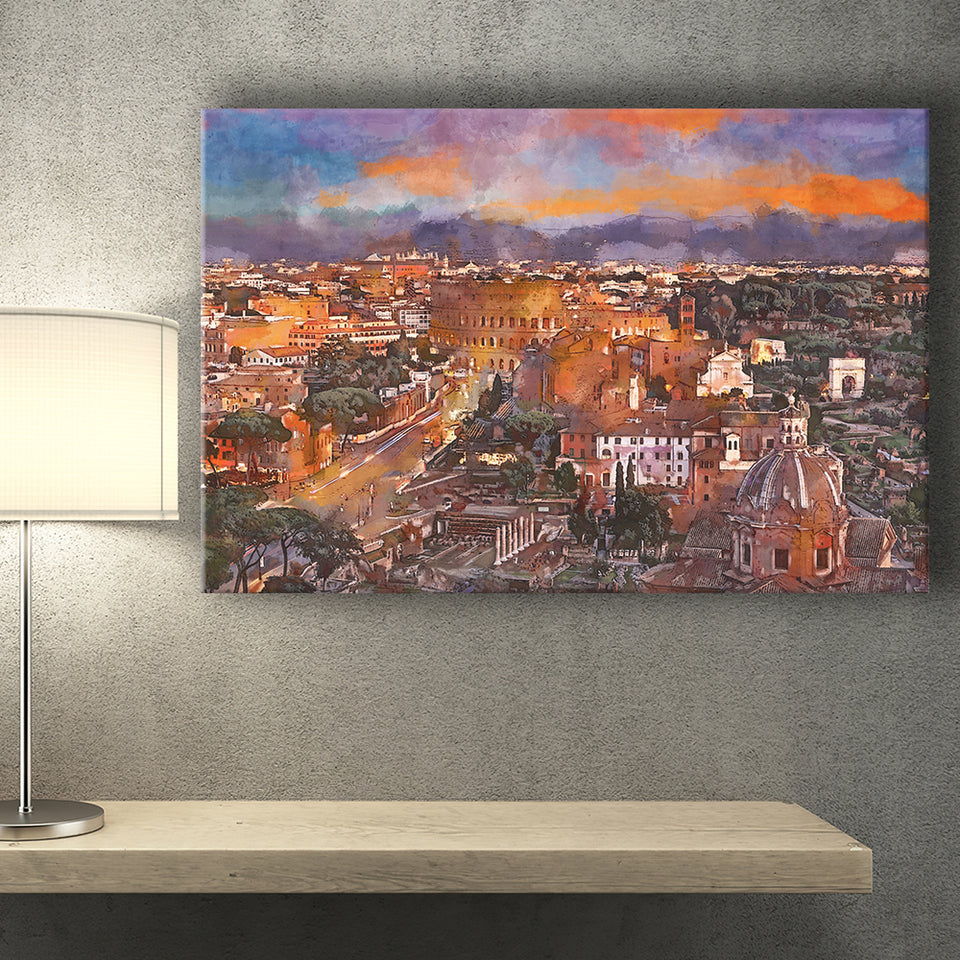 Rome Italy View Towards Colosseum Archeological City Art Watercolor Canvas Prints Wall Art Home Decor, Large Canvas