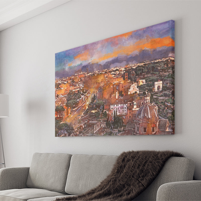 Rome Italy View Towards Colosseum Archeological City Art Watercolor Canvas Prints Wall Art Home Decor, Large Canvas