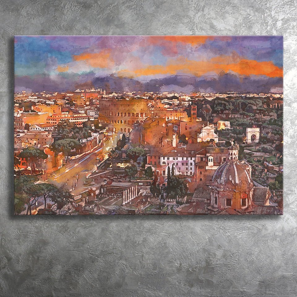 Rome Italy View Towards Colosseum Archeological City Art Watercolor Canvas Prints Wall Art Home Decor, Large Canvas
