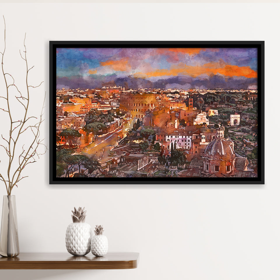 Rome Italy View Towards Colosseum Archeological City Art Watercolor Framed Canvas Prints Wall Art Home Decor,Floating Frame