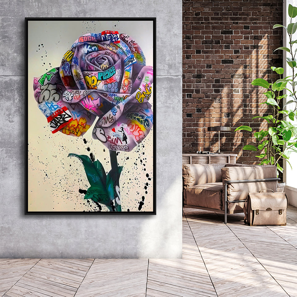 Rose Graffiti Street Art Banksy Style Framed Canvas Prints Wall Art Home Decor, Floating Frame