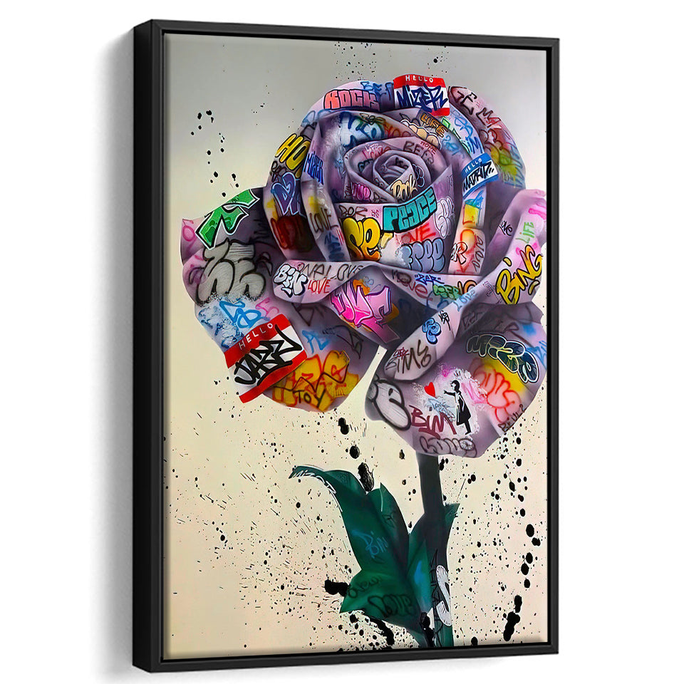Rose Graffiti Street Art Banksy Style Framed Canvas Prints Wall Art Home Decor, Floating Frame