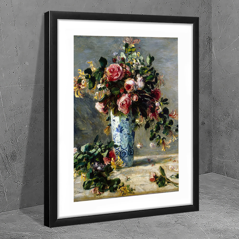 Roses and jasmine in a delft vase by Pierre Auguste Renoir - Art Prints, Framed Prints, Wall Art Prints, Frame Art