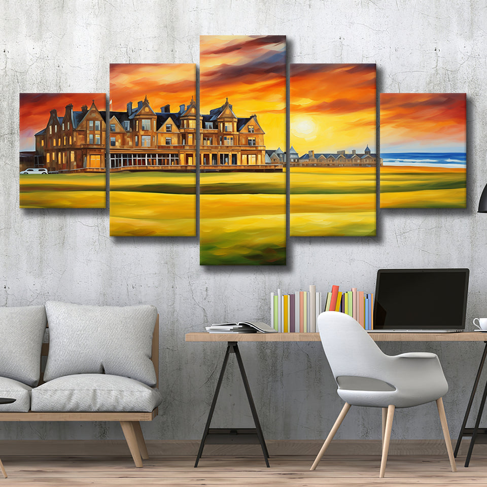 Royal Ancient Golf Clubhouse 18Th Painting Colorful Mixed 5 Panel Large Canvas Prints Wall Art Decor