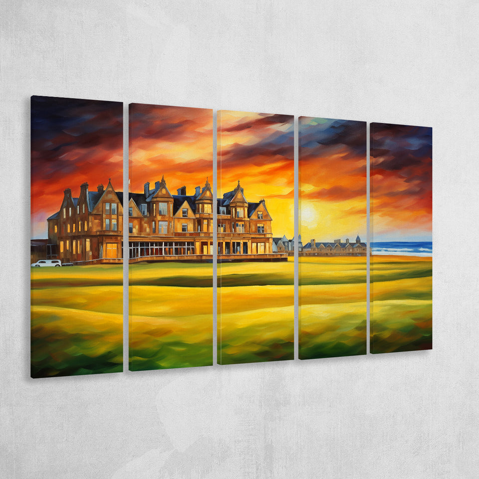 Royal Ancient Golf Clubhouse 18Th Painting Colorful,5 Panel Extra Large Canvas Prints Wall Art Decor