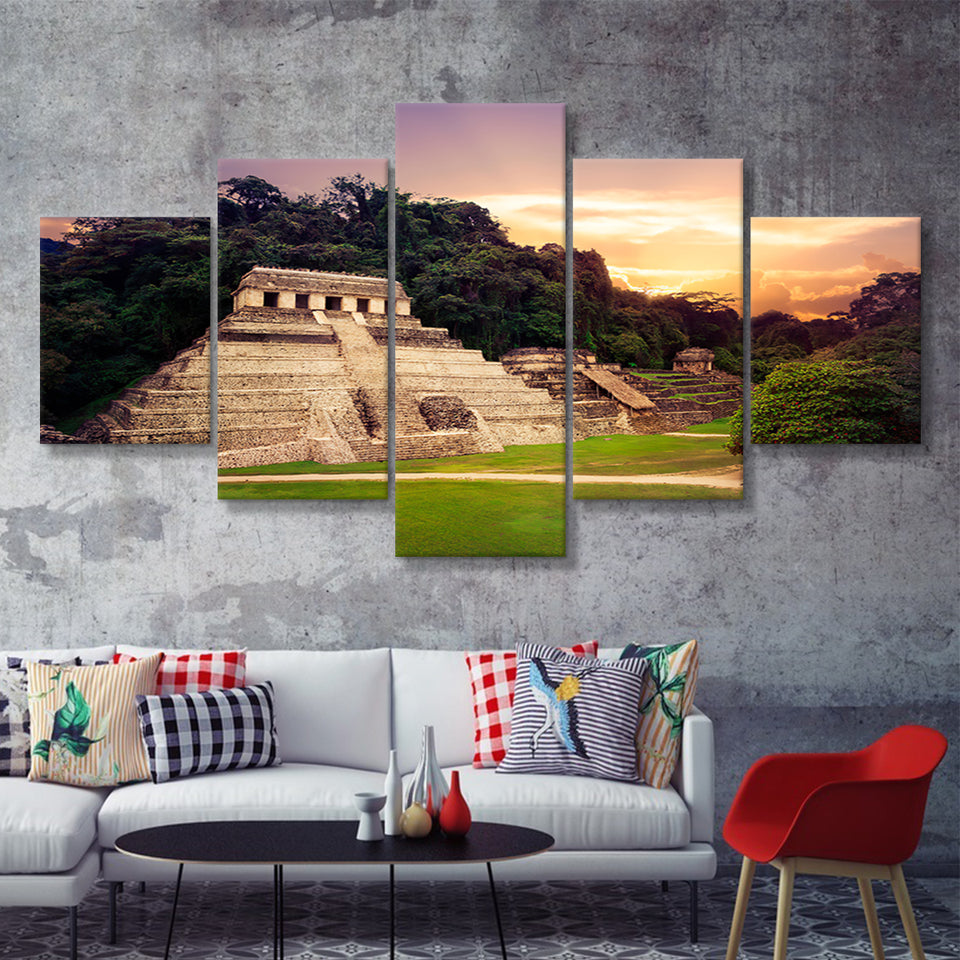 Ruins of Palenque Maya city in Chiapas Mexico 5 Pieces Canvas Prints Wall Art - Painting Canvas, Multi Panels, Wall Decor