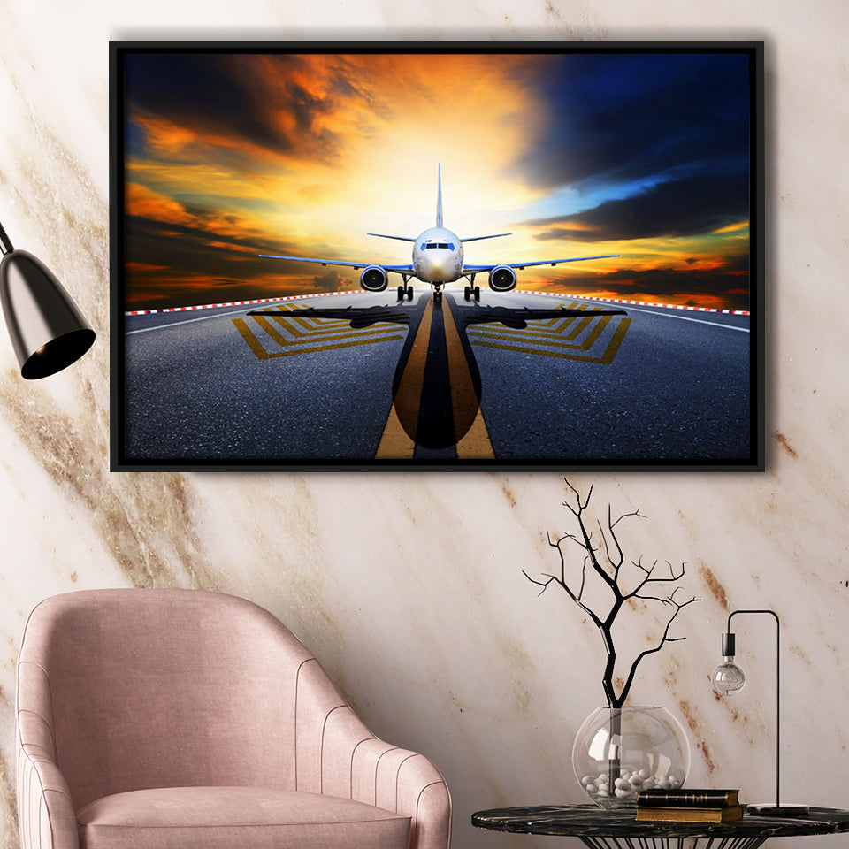 Runway Airplane Aircraft Wall Art Framed Canvas Prints Wall Art Decor - Painting Canvas, Black Framed Picture