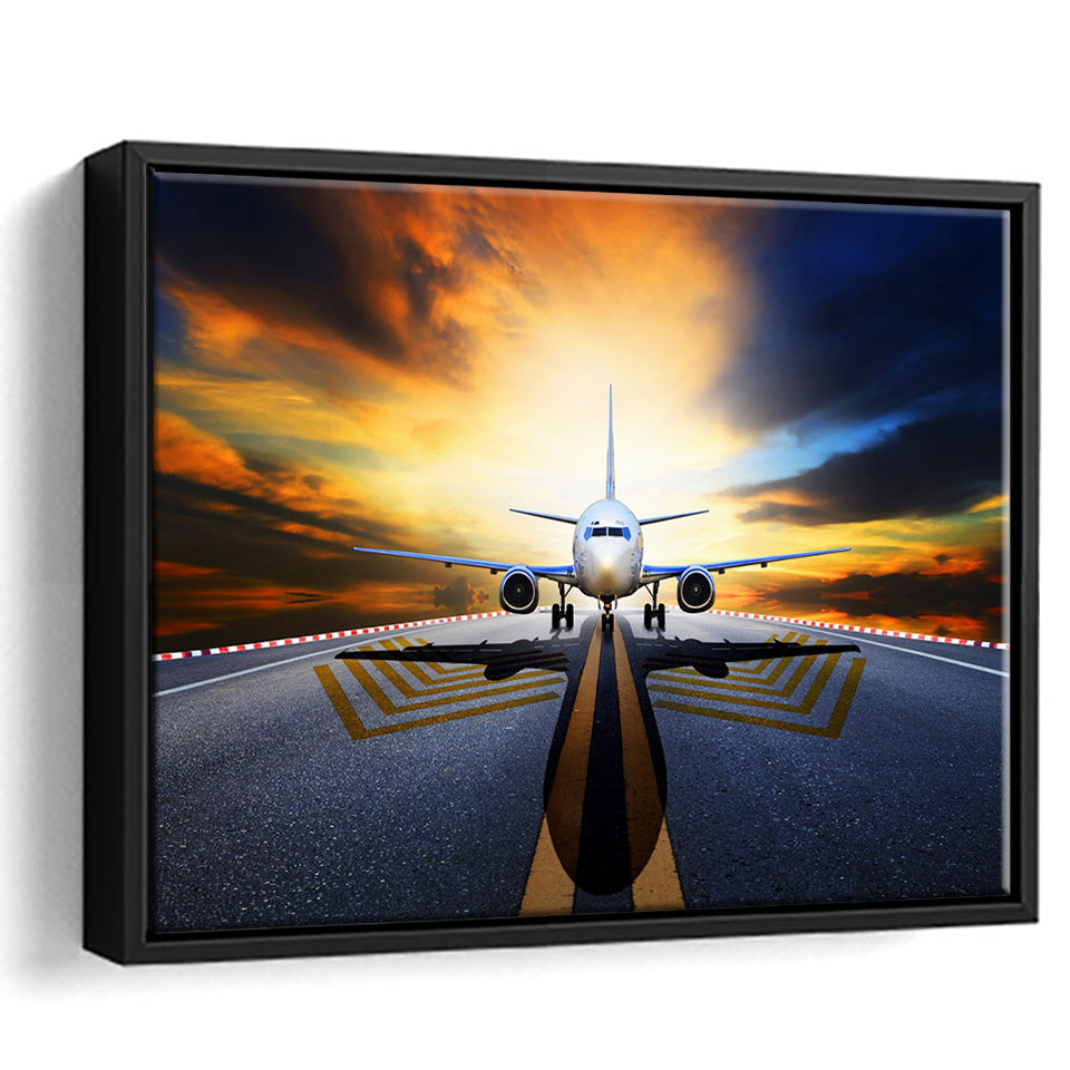 Runway Airplane Aircraft Wall Art Framed Canvas Prints Wall Art Decor - Painting Canvas, Black Framed Picture